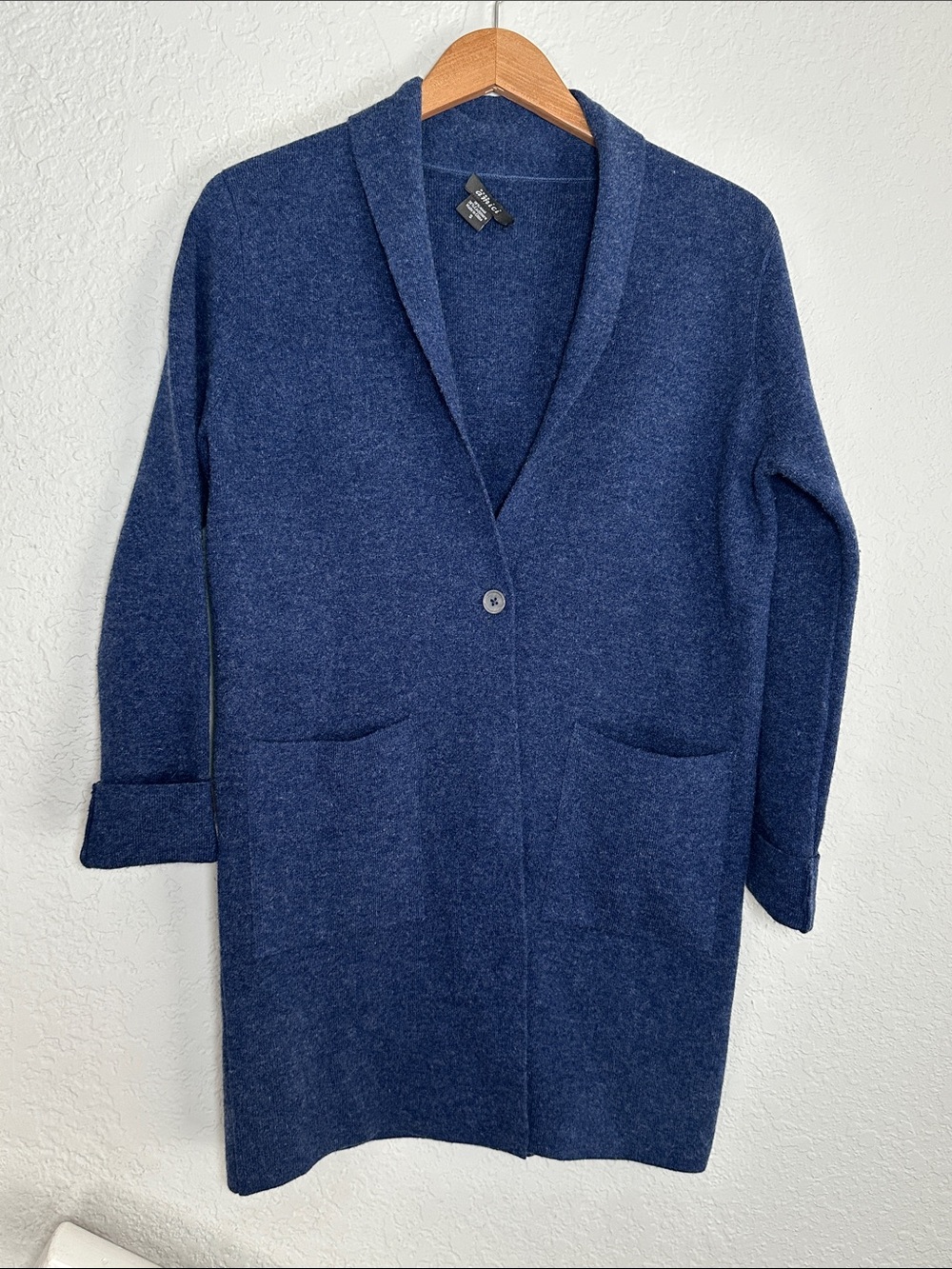 Pure Amici Navy Blue Shawl Collar Wool Long Cardigan Cashmere Pockets Cozy Hygge